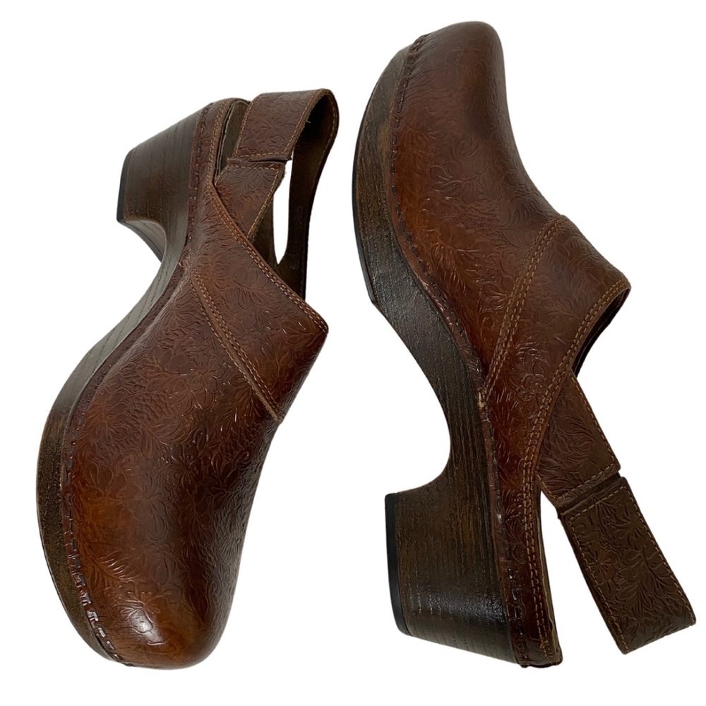 Dansko Floral embossed Brown Leather Slip on Strap Clogs (10) - Picture 7 of 9